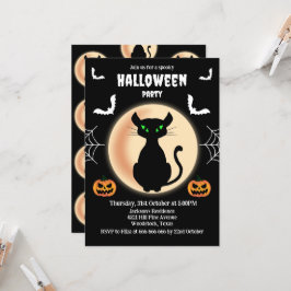 Black Spooky cat grönt ögon med måne Halloween Inbjudningar