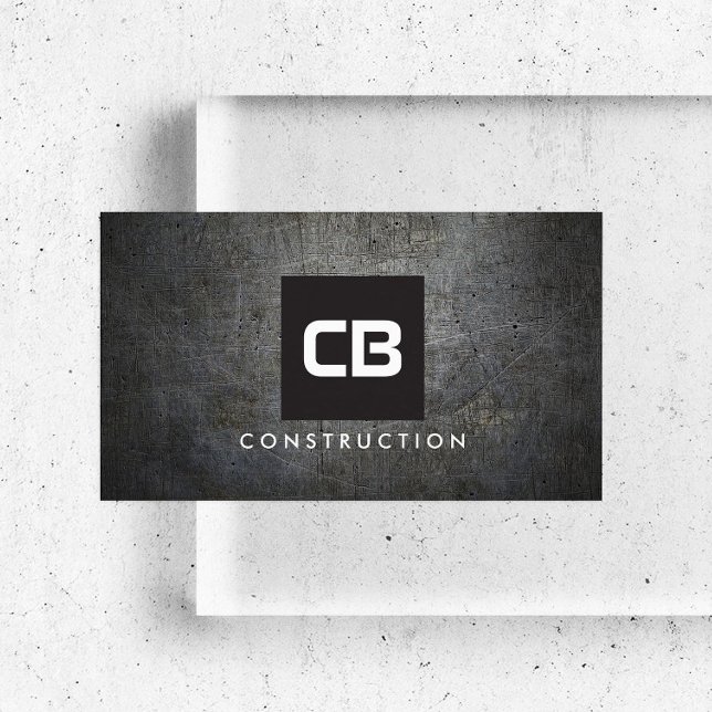Black Square Monogram Grunge Metall Construction Visitkort (Skapare uppladdad)