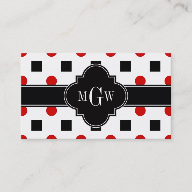 Black Squares Red Dots Black Quatrefoil 3 Monogram Visitkort (Framsida)