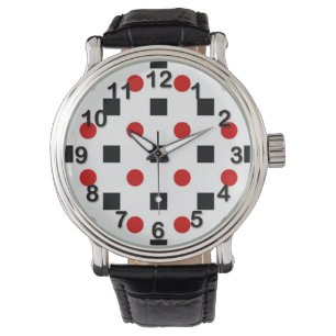 Black Squares Red Polka dots Mönster White BG Armbandsur