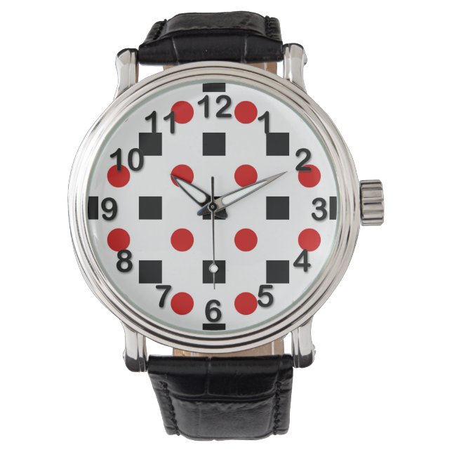 Black Squares Red Polka dots Mönster White BG Armbandsur (Framsida)