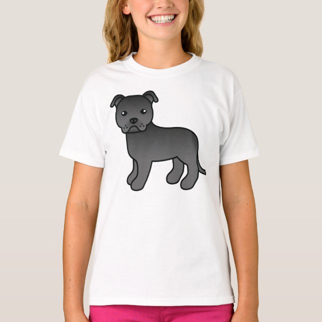 Black Stafford Bull Terrier Tecknad hund T Shirt (Framsida)