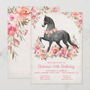 Black Stallion blommigt Horse Födelsedagsfest Inbjudningar