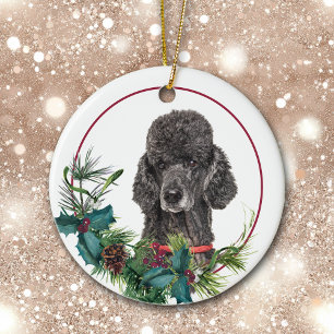 Black Standard Pudel Hund Evergreen Berry Wandeand Julgransprydnad Keramik