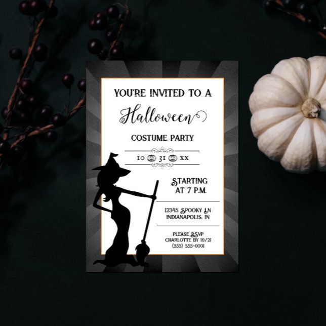 Black Starburst Witch Halloween fest-inbjudan Inbjudningar (Black Starburst Witch Halloween Party Invite)