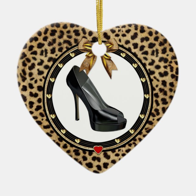 Black Stiletto Cheetah Personlig Heart Ornament (Framsidan)