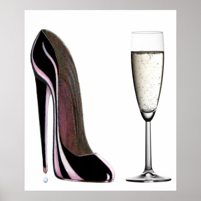 Black Stiletto Shoe and Champagne Print Poster (Framsidan)