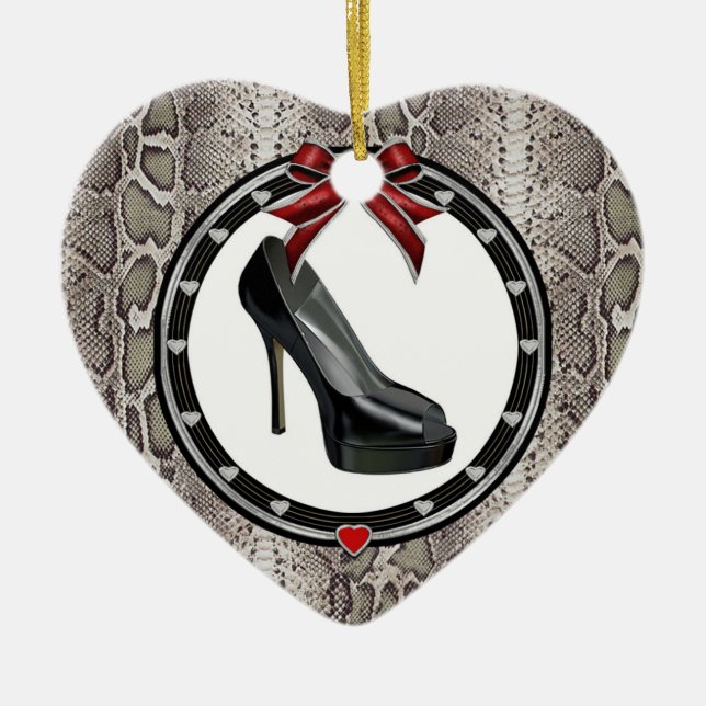 Black Stiletto Snakeskin Anpassningsbar Heart Orna Julgransprydnad Keramik (Framsidan)