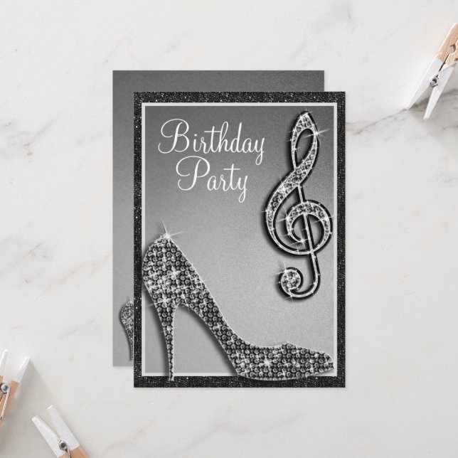 Black Stiletto & Treble Clef Birthday Inbjudningar (Fram/Back In Situ)