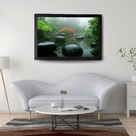 Black Stones in Rainy Zen Garden with Flowers | Perfect Poster