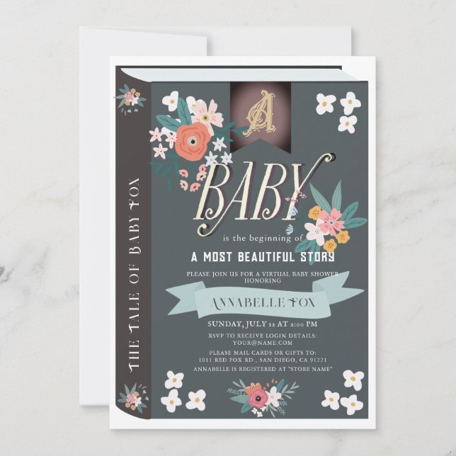 Black Storybook Blommigt Girl Virtuell Baby Shower Inbjudningar (Framsida)