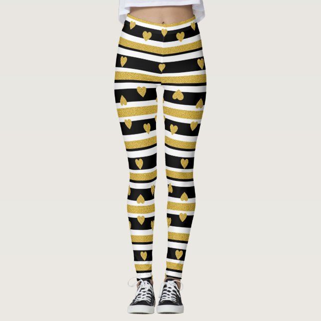 Black Stripe Gold Heart Glam Pattern (4) Leggings (Framsida)