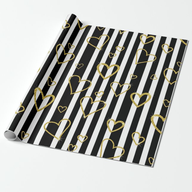 Black Stripe Gold Heart Glam Pattern (6) Presentpapper (Utrullad)