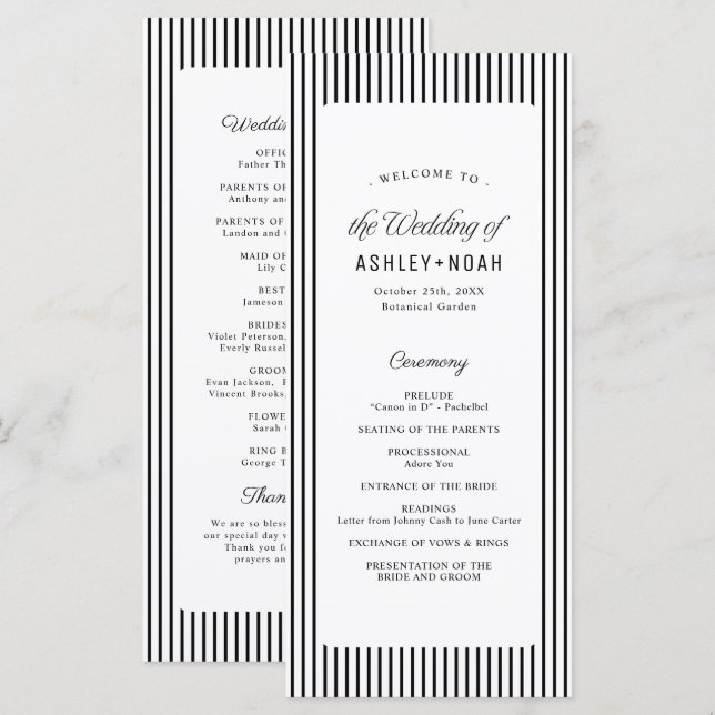 Black Striped Elegance Classy Wedding Program (Fram/baksida)