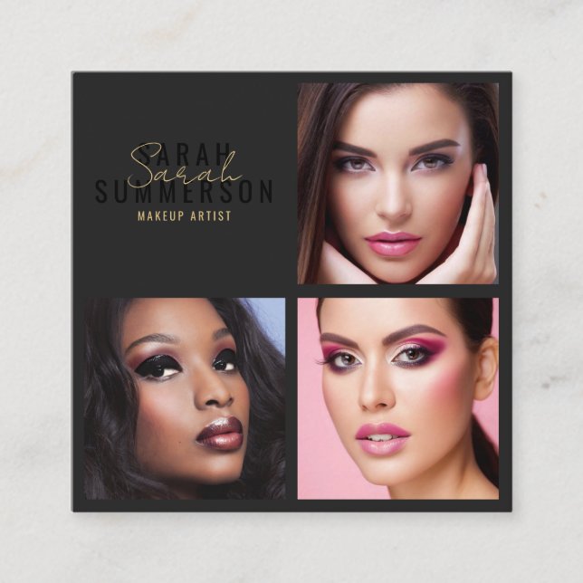 Black Stylish Makeup Artist Beauty Salon 3 Photo Fyrkantigt Visitkort (Framsida)