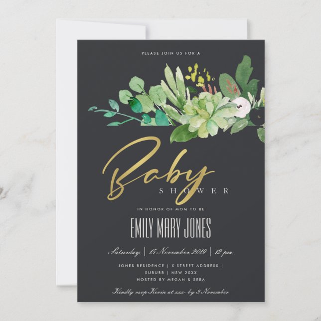 BLACK SUCCULENT FOLIAGE WATERCOLOR BABY SHOWER INBJUDNINGAR (Framsida)
