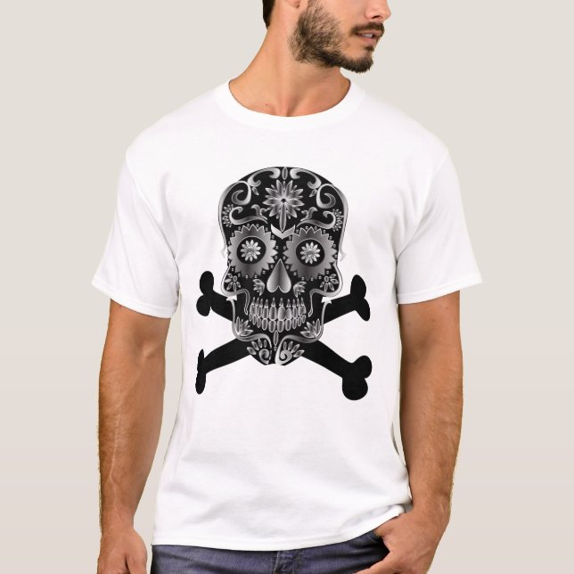 Black Sugar Skull Day of the dead Skull Crossbone T Shirt (Framsida)