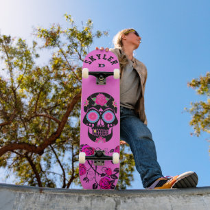Black Sugar Skull på Rosa Dd Brand Mini Skateboard Bräda 18,5 Cm