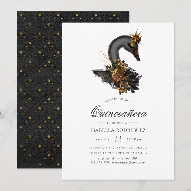 Black Svan Quinceañera Inbjudningar (Fram/baksida)