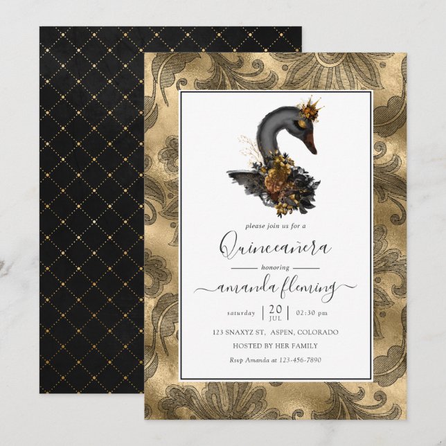 Black Svan Quinceañera Inbjudningar (Fram/baksida)