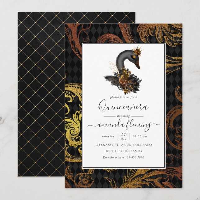 Black Svan Quinceañera Inbjudningar (Fram/baksida)
