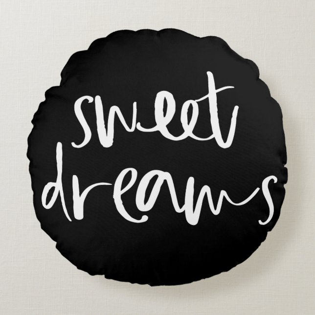 Black Sweet Dreams Hand Lettering Round Pillow Rund Kudde (Framsidan)