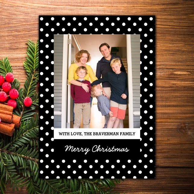 Black Sweet Polka Dot Helgdag Photo Flat Card Julkort (Black Sweet Polka Dot Holiday Photo Card)