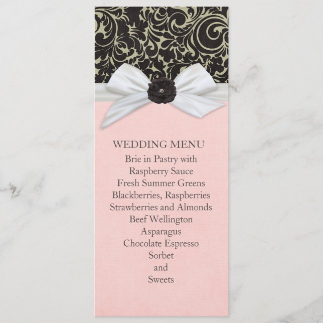 Black Swirls Blommigt Ribbon Damask Wedding Menu Meny (Framsida)