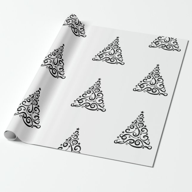 Black Swirls Christmas Trees on White Presentpapper (Utrullad)