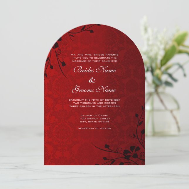 Black Swirls Lighter Red Metallic Damask Wedding Inbjudningar (Stående Fram)