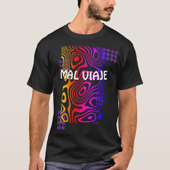 Black t-shirt with multicolored design. (Framsida)