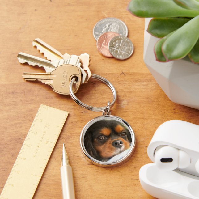 Black & Tan Cavalier Kung Charles Spain Keychain Rund Silverfärgad Nyckelring (Skrivbord)