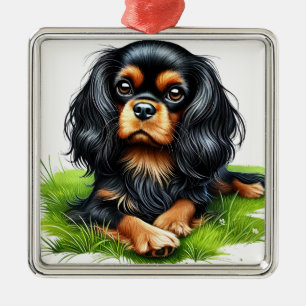 BLACK & TAN CAVALIER KUNG CHARLES SPANIEL HUND JULGRANSPRYDNAD METALL