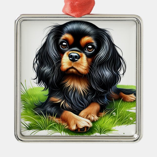 BLACK & TAN CAVALIER KUNG CHARLES SPANIEL HUND JULGRANSPRYDNAD METALL (Framsidan)
