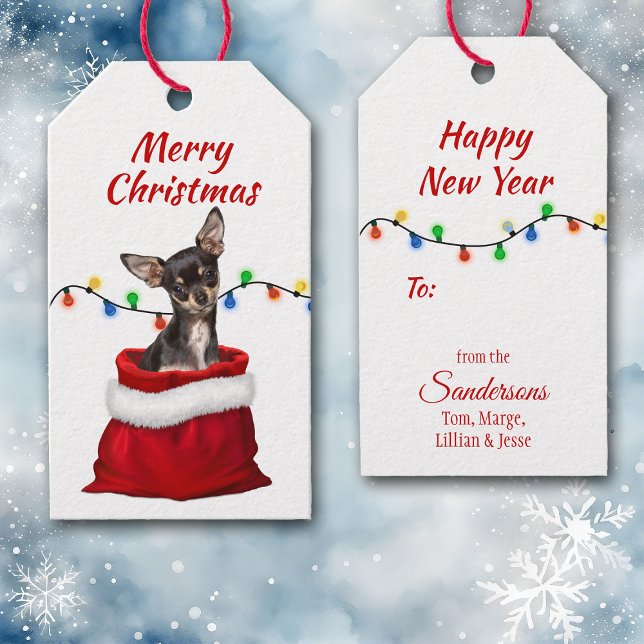 Black Tan Chihuahua-Hund i Santa Bag Presentetikett (Skapare uppladdad)
