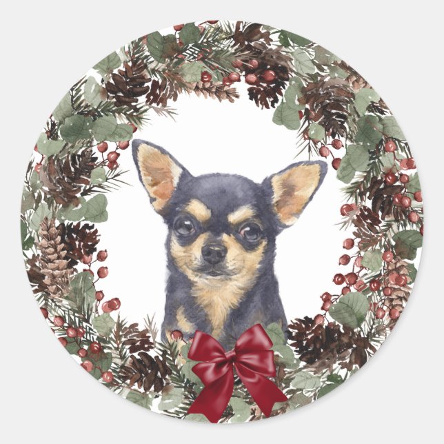 Black Tan Chihuahua Pinecone God jul Runt Klistermärke (Framsida)