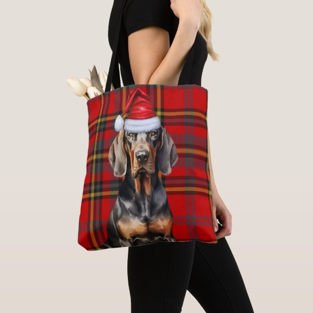 Black Tan Coonhound Christmas Dog Seasonal Plaid Tygkasse (Närbild)