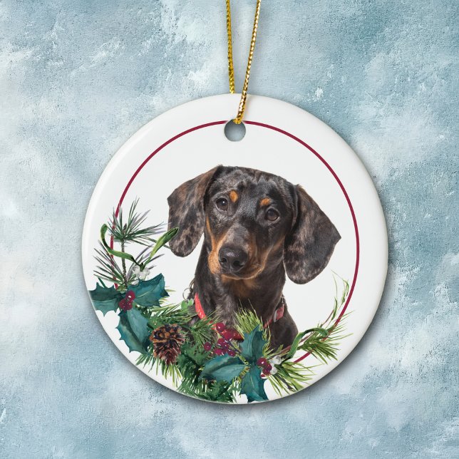 Black Tan Dachshund Hund Evergreen Berry Wandan Julgransprydnad Keramik (Skapare uppladdad)
