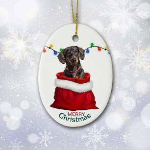 Black Tan Dachshund Hund i Helgdag Gift Bag Julgransprydnad Keramik