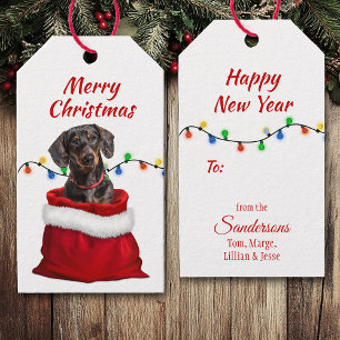 Black Tan Dachshund Hund i Santa Bag Presentetikett