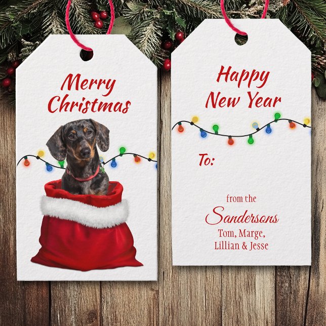 Black Tan Dachshund Hund i Santa Bag Presentetikett (Skapare uppladdad)