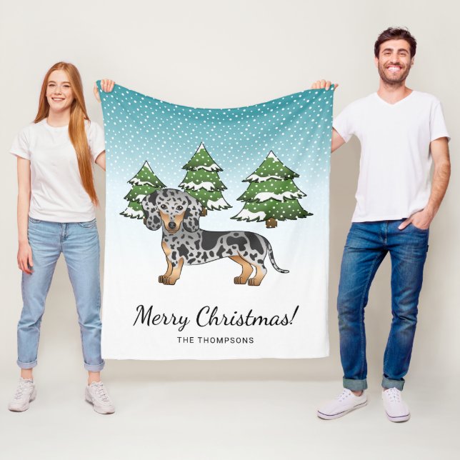 Black & Tan Dapple Kort Hair Dachshund in Winter Fleecefilt (På plats)