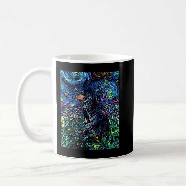 Black Tan Long Hair Dachshund Starry Natt Hund Art Kaffemugg (Vänster)