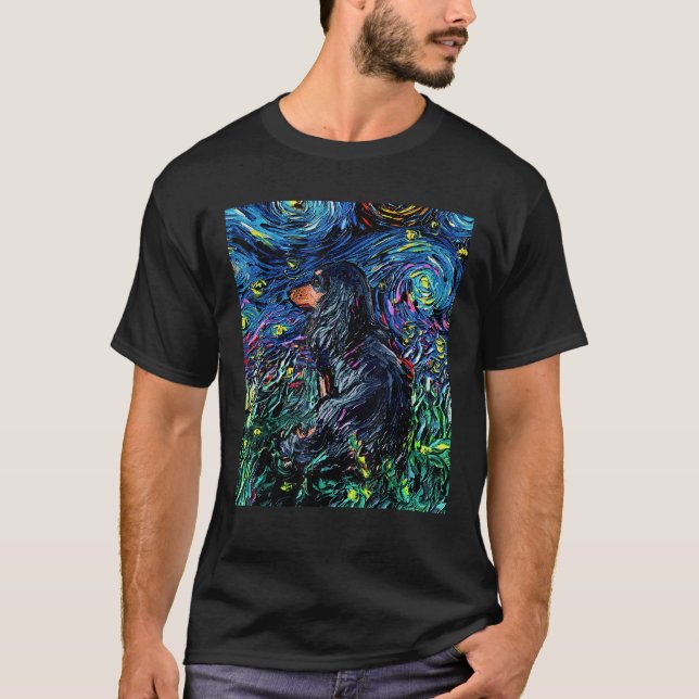 Black Tan Long Hair Dachshund Starry Natt Hund Art T Shirt (Framsida)