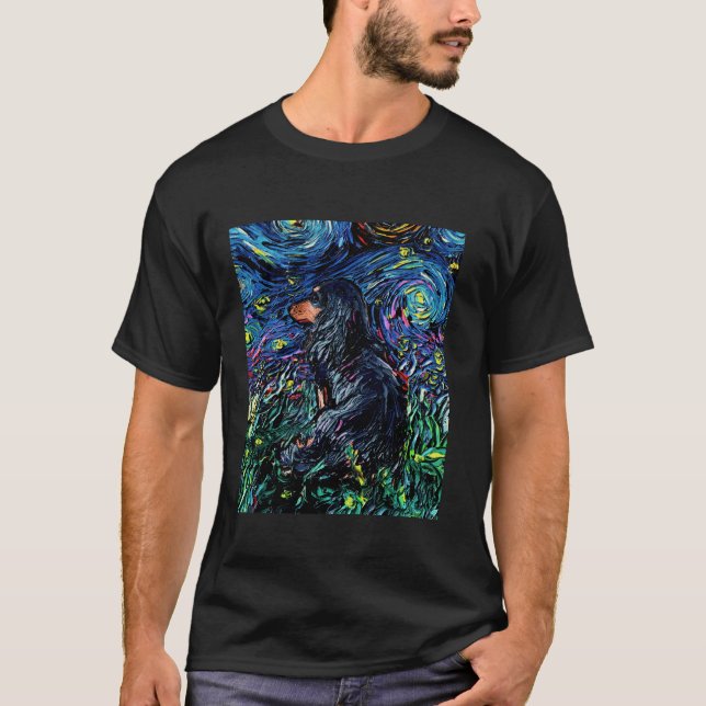 Black Tan Long Hair Dachshund Starry Natt Hund Art T Shirt (Framsida)