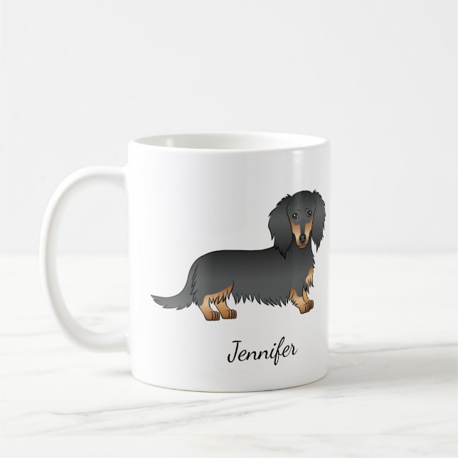 Black & Tan Long Hair Dachshund Tecknad hund & Nam Kaffemugg (Vänster)