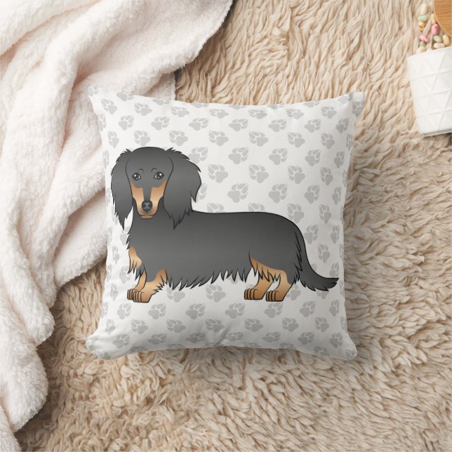 Black & Tan Long Hair Dachshund Tecknad hund & Tas Kudde (Filt)