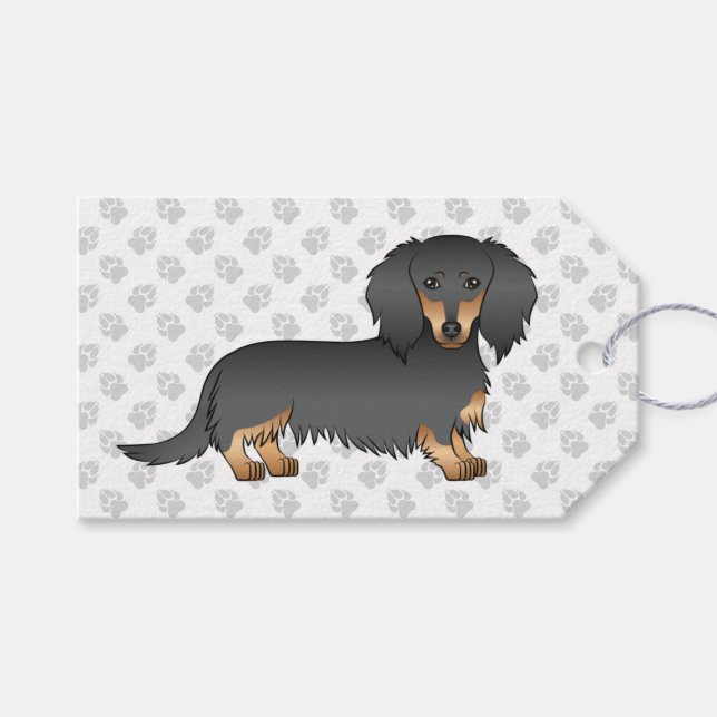 Black & Tan Long Hair Dachshund Tecknad hund & Tas Presentetikett (Framsidan (Horisontell))
