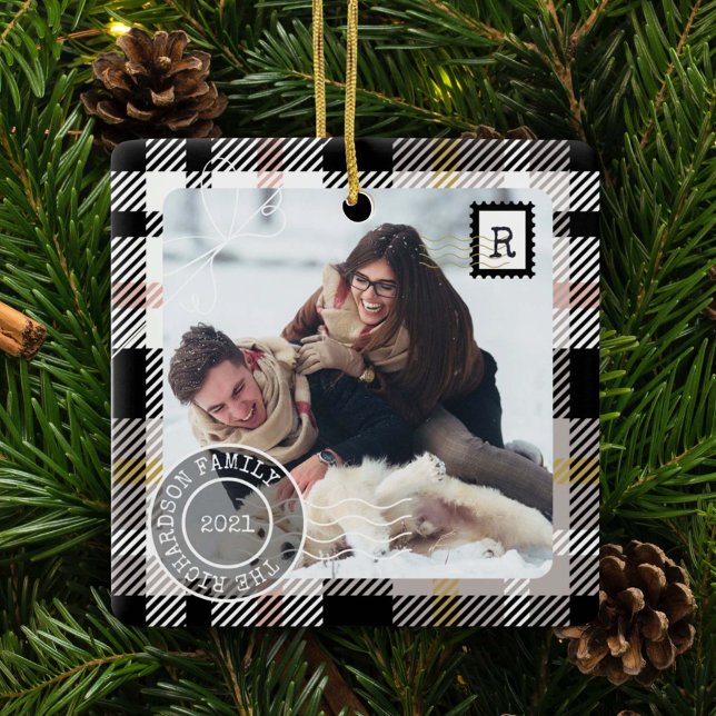 Black Tartan Play Parcel 2 Photo Family Julgransprydnad Keramik (Black Tartan Plaid Delivery Parcel 2 Photo Family Ceramic Ornament)