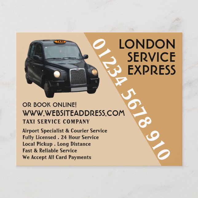 Black Taxi Cab med Prisare lista Flygblad (Framsidan)
